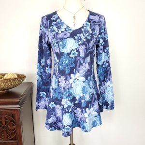 Isaac Mizrahi Blue Purple Floral Top Asymmetrical Hem  NWOT Size S